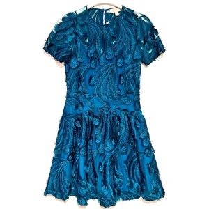 Michael Kors Feather Embroidered Dress Size 2 Luxe Teal Cocktail Semi-Formal